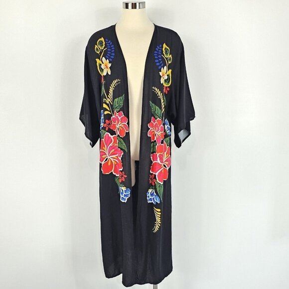 Flying Tomato Tops - Flying Tomato Duster Womens Size Small Medium Maxi Kimono Black Floral Boho